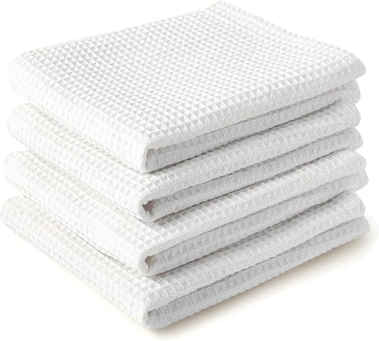 Encasa XO Kitchen Dish Towels Set | White | Waffle Weave and Flat Hand Tea Towel | 28"x18" | Quick Drying Reusable Cotton Washcloths | Multipurpose Lightweight Dishcloths Set of 4