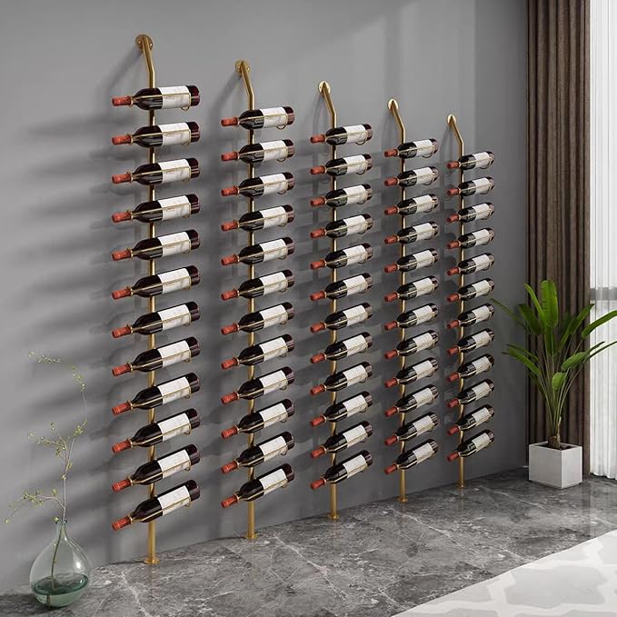 Wine Rack Wall Mounted, 72.8in High Metal Wine Bottle Holder for 12 Bottles, Kitchen Organization and Wine Storage for Commercial Restaurants Pantry Bar Wine Cellar (Gold, Four rows-48 Bottles)
