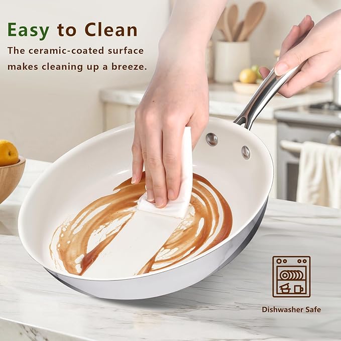 9.5 Inch Nonstick Ceramic Frying Pan, Tri-Ply Stainless Steel Skillet with Stay-Cool Handle, PFAS/PFOA/PTFE Free, No Seasoning Required, High Heat & Induction Safe, Dishwasher/Oven Safe