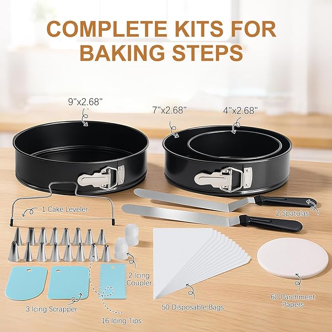 WERTIOO 138pcs Springform Cake Pan Sets for Baking with Cake Decorating Kit, 3 Round Non-Stick Cake Pans Set (4, 7, 9 inches), Leak-Proof Cheesecake Baking Pans with Icing Tips, Cake Leveler & eBook