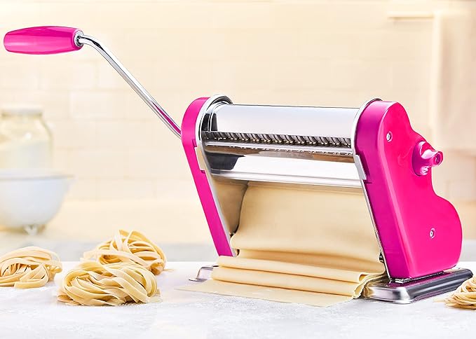 PASTALINDAClassic 200 Pasta Maker Machine, 20 cm Wide Rollers, 9 Thickness Positions, 2 Cutting Positions, Stainless Steel. Includes Reinforced Hand Crank And Two Clamps (Fuchsia)