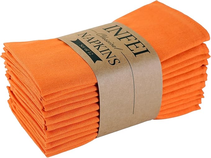 Solid Color Linen Blended Thin Dinner Fabric Napkins - Set of 12 (40 x 40 cm) - for Thanksgiving Halloween Use (Orange/Fall)