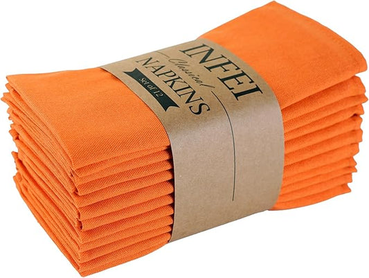 Solid Color Linen Blended Thin Dinner Fabric Napkins - Set of 12 (40 x 40 cm) - for Thanksgiving Halloween Use (Orange/Fall)