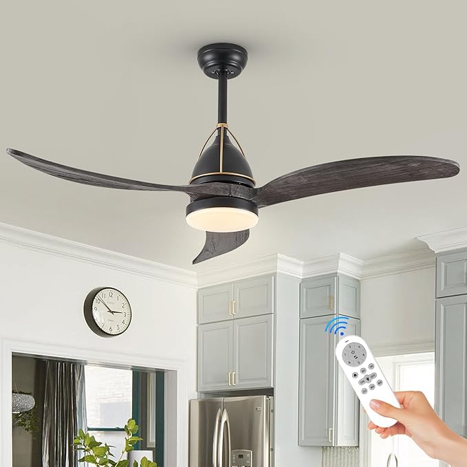 52in Solid Grey Wood Ceiling Fan with Lights 3-Blade Farmhoouse Black Ceiling Fans Outdoor Patio Ceiling Fan Modern Kitchen Fan Light with Remote Control for Bedroom Living Room