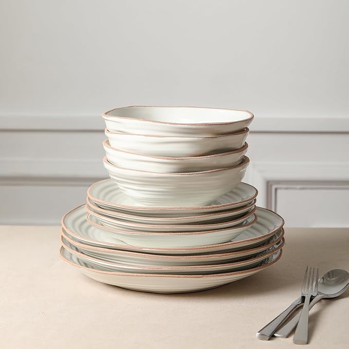 Stone Lain Nami 12-Piece Dinnerware - Stoneware, Plates and Bowls Set, Microwave and Dishwasher Safe, Dish for 4, White