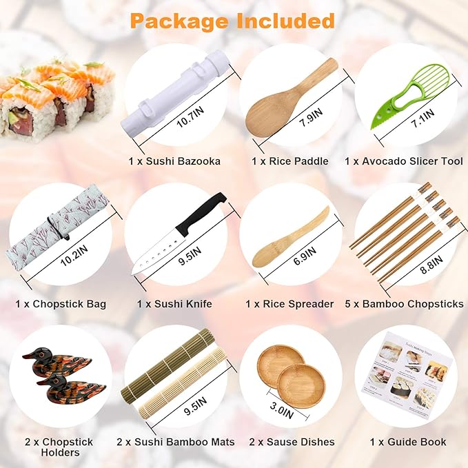 Sushi Making Kit, All in One Sushi Roller Set Maker Kit with Bamboo Rolling Mat, Bazooka, Chopsticks Holders, Rice Paddle, Avocado Slicer for Beginners, Kids, Family, Friends, Home
