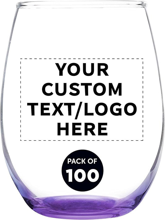 Custom Stemless Wine Glass 9 oz. Set of 100, Personalized Bulk Pack - Great for Wedding Favors, Bachelorette Party Decorations, Party Favors, Color Bottom - Purple