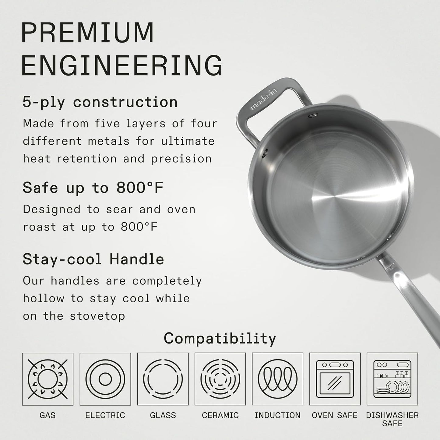 Made In Cookware - 4 Quart Stainless Steel Saucepan with Lid - 5 Ply Stainless Clad Sauce Pan - Professional Cookware - Crafted in Italy - Induction Compatible