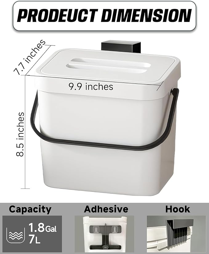 Kitchen Compost Bin - 1.8 Gallons Hanging Trash Can with Lid for Kitchen Cabinet Door, Under Sink, Wall Mounted Waste Bin for Bathroom, 7L(White)