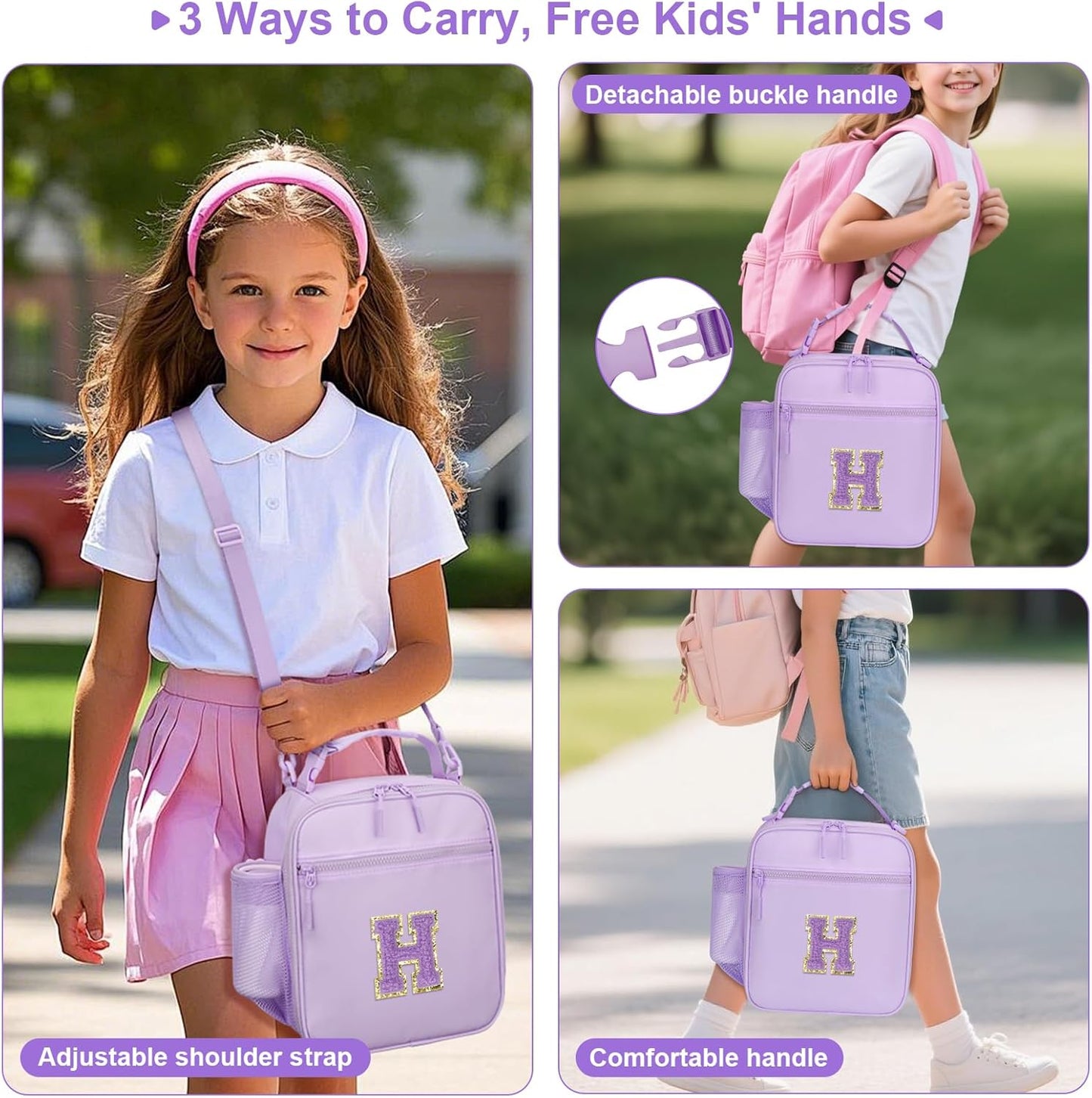 Initial Insulated Lunch Bag for Girls Kids, Back to School Gift, Reusable Leak-proof Lunch Box with Adjustable Strap for School Daycare Travel Picnic (Purple,H)