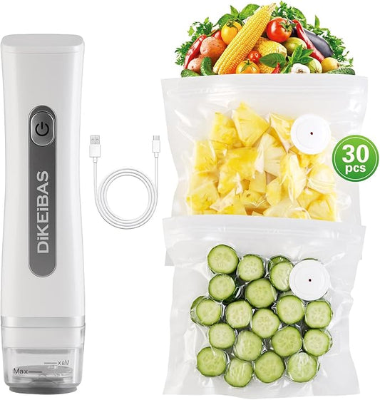 Handheld Vacuum Sealer with 30 Reusable Bags | 6X Longer Freshness, One-Touch Seal & Rechargeable | BPA-Free, Leak-Proof Bags for Meat, Meal Prep, Travel | Compact Food Saver