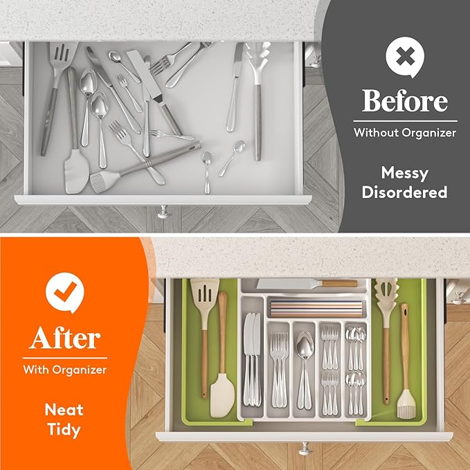 Lifewit Silverware Drawer Organizer, Expandable Utensil Organizer for Kitchen Drawers, Adjustable Cutlery and Flatware Tray, Plastic Spoons Forks Knives Holder Storage Dividers, Large, Green&White