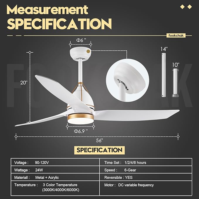 56inch White Ceiling Fan with Lights 3-Blade Modern Ceiling Fans Kitchen Ceilings Fans Light with Remote Control Outdoor Ceiling Fan Lighting for Patio Living Room Bedroom