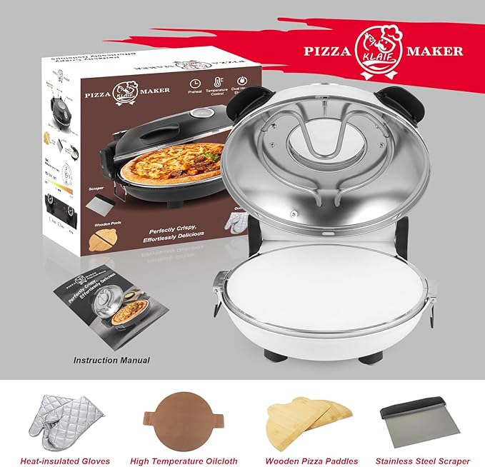 KLAIF 12" Electric Countertop Pizza Oven With Ceramic Stone, Dual Adjustable Temperature Controls, Includes 4 Pizza Tools (White)