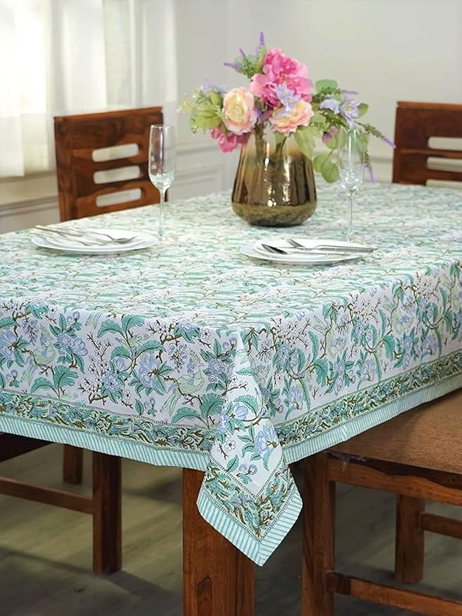 Ridhi Sage and Russian Green Hand Block Print Cotton Rectangle Tablecloth 190 x 72 inch-Reusable Table Cover Decorative Everyday Use for Dining Room, Farmhouse, Thanksgiving, Christmas Wedding, Fall