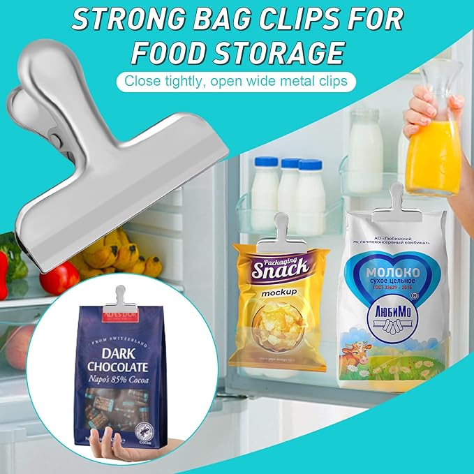 Funfery Silver Large Chip Clips for Food Packages, 3 Inch Wide Bag, Food,Kitchen Clips for Snack, Kitchen Home Metal Chip for Organization, Office Heavy Duty Paper Clamps(8 Pack)