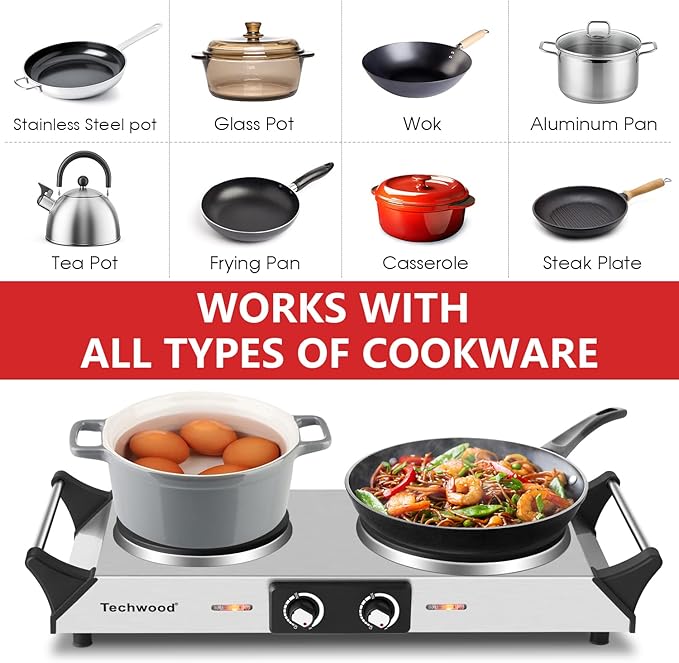 Hot Plate, Techwood Double Burner for Cooking, 1800W Countertop Electric Stoves with Adjustable Temperature & Stay Cool Handles, Dual Cooktop for RV/Home/Camp, Upgraded Version Stainless Steel, Silver