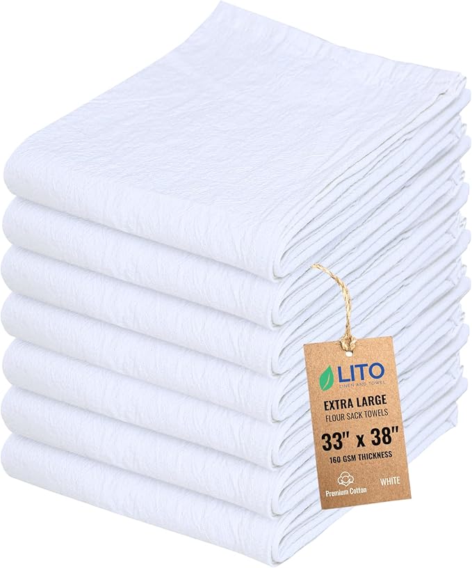 Flour Sack Towels | Tea Towel for Crafts| Kitchen Dish | Cotton Blank Towel for Embroidery| Baking Bread Proofing Linen Cover| Thick Absorbent Quick Dry| 7 Pack 33"x38" White