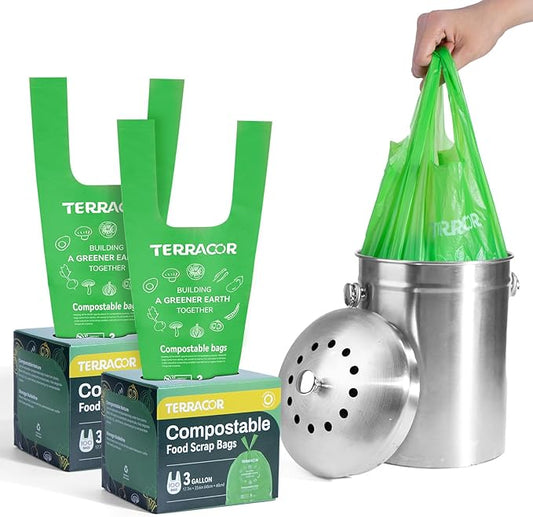 Compost Bags, 3 Gallon Compostable Food Scrap Bags Handle Tie,200 Count (Pack of 2),Certified by BPI and ASTM D6400