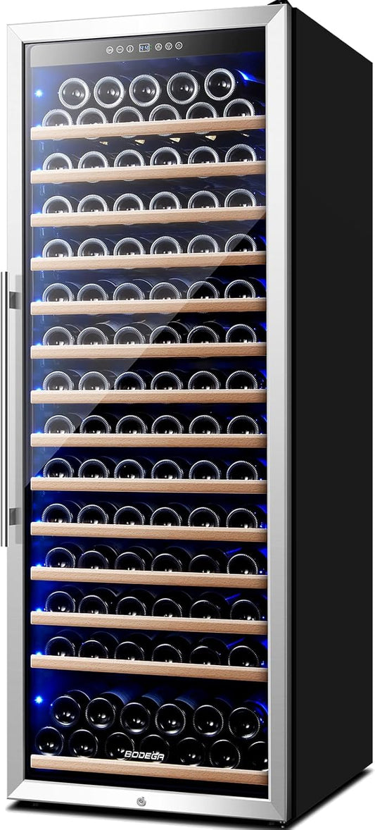 BODEGA 24 Inch Wine Cooler, 154 Bottle Refrigerator, Freestanding Wine Fridge with Intelligent Temperature Memory & Humidity Control, Upgraded Compressor, Quiet Operation