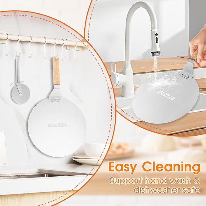 12 Inch Stainless Pizza Peel with Pizza Cutter, Pizza Spatula with Ergonomic Long Wood Handle for Pizza Oven Baking, Turing Peel for Pizza, Dough, Bread Pastry