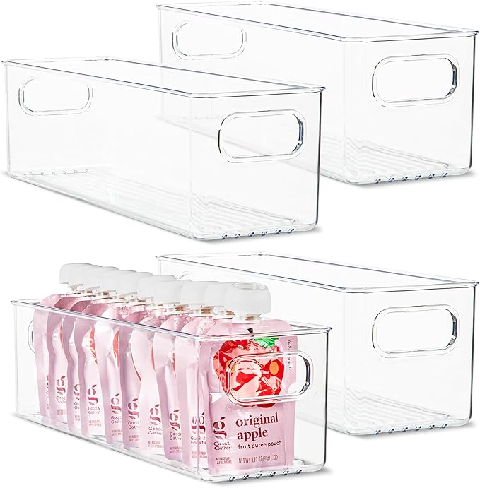 Plastic Food Storage 4 Pack Clear Container Bin with Handles for Organizing Kitchen, Pantry, Refrigerator, Freezer, Pantry, Cabinet, Closet, Bathroom. 14”x4”x4”