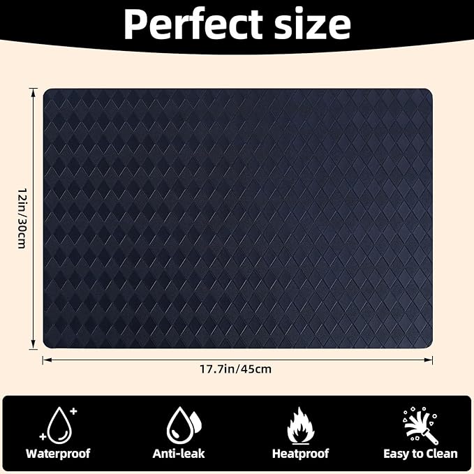 Vinyl Placemats Set of 6-12×17.7 Inch Waterproof & Heattable Placemats, Fall Faux Leather Wipeable Outdoor Table Mat for Dining, Kitchen, Indoor Outdoor Use (Dark Blue, Diamond Pattern)