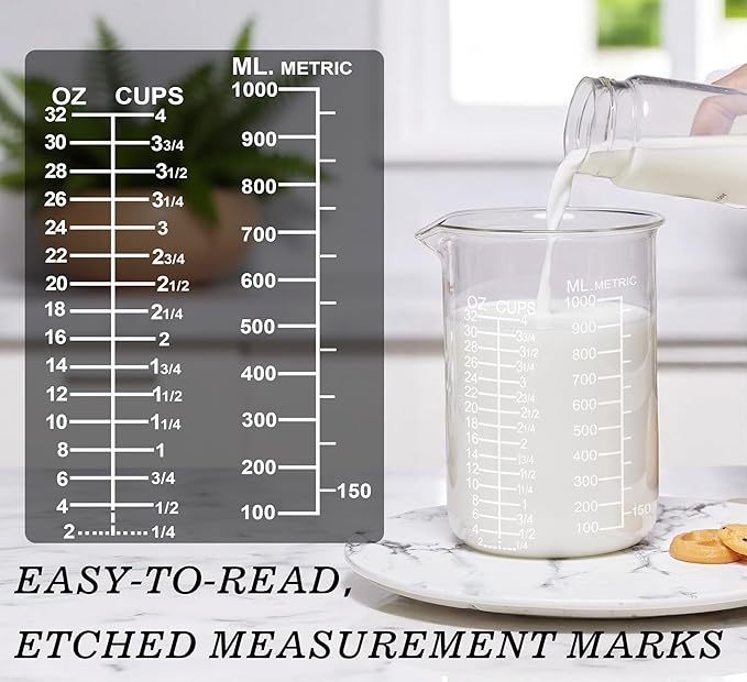 Ackers Etching Scale Glass Measuring Cup Set, Includes 1-Cup(8OZ),2-Cup(16OZ), and 4-Cup(32OZ) Liquid Measuring Cups, Dishwasher, Freezer, Microwave, and Preheated Oven Safe, Essential Kitchen Tools