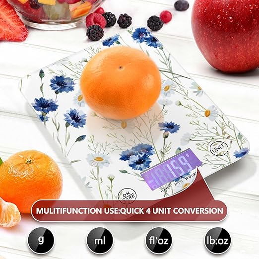 Food Scale Kitchen Digital Scale Food Ounces and Grams Dieting Baking Cooking Waterproof Glass Panels LCD Display,4 Units Scale Tare Function Daisy White