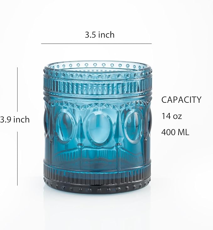 6-pack Vintage Drinking Glasses, Indian style,14 oz Large Modern Glass Tumbler, Embossed Patten Double Old Fashion Glass, Ripple Glassware (Cornflower Blue)