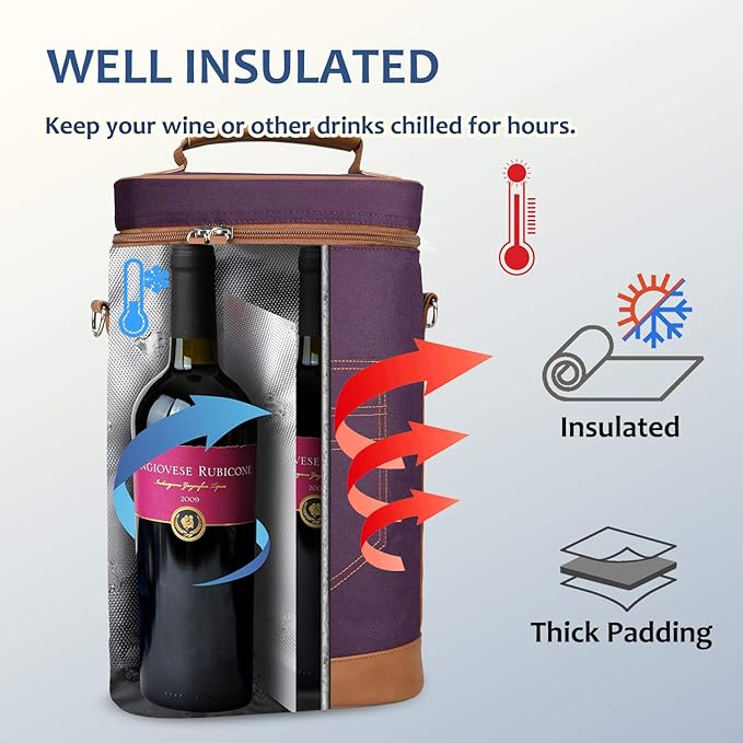 Tirrinia 2 Bottle Wine Gift Tote Carrier - Insulated & Padded Versatile Cooler Bag for Travel, BYOB Restaurant, Wine Tasting, Party, Great Gift for Wine Lover, Purple