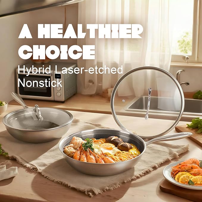 Hybrid Non Stick Wok, 12 inch Frying Pans Nonstick, Stainless Steel woks, PFOA Free Cookware, Dishwasher and Oven Safe, Induction Compatible