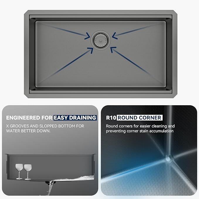 Lordear 33 Black Kitchen Sink Undermount Honeycomb Nano Finish 16 Gauge T304 Stainless Steel Single Bowl Workstation Sink with Cutting Boards Handmade