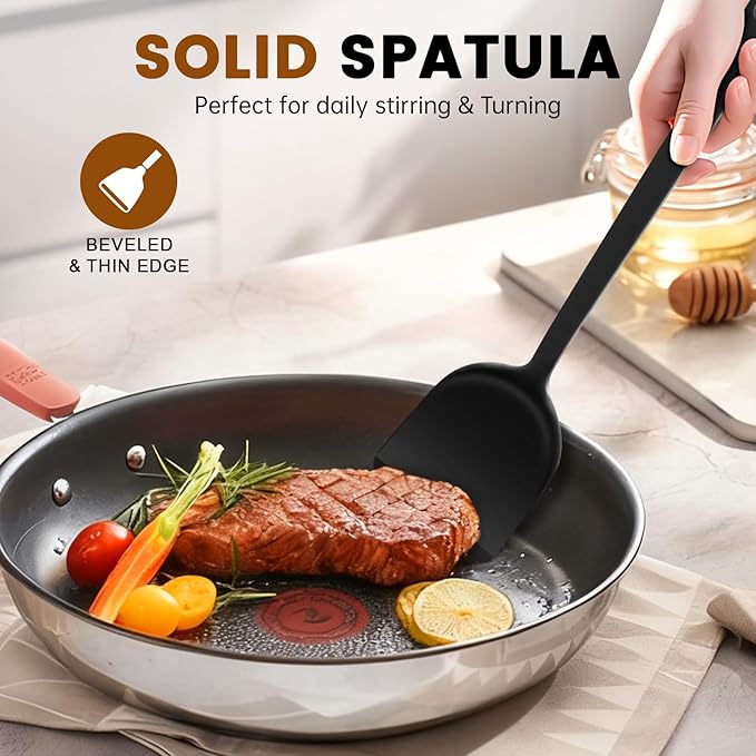 4 Pcs Silicone Cooking Utensils Set, Heat Resistant Silicone Spatulas Include Solid & Pancake Turner, Solid & Slotted Soup Ladle, Kitchen Utensils set for Non-Stick Pans, for Frying Draining Flipping