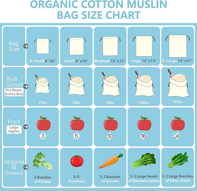 TOPDesign 8-Pack 12” x 14” Reusable Produce Bags, Muslin Bags with Drawstrings for Shopping & Storage, 100% Natural Cotton, Washable, Biodegradable, Food Safe