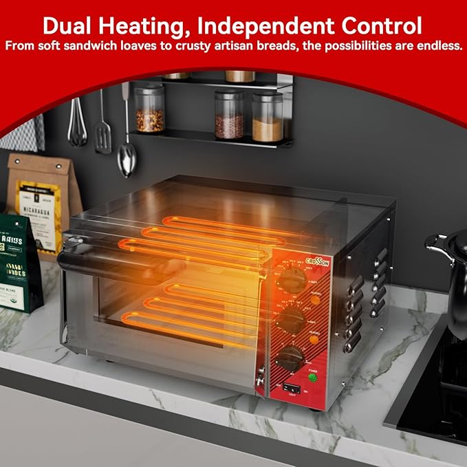 CROSSON Electric 12” Pizza Oven Countertop with Pizza Stone, 30-minute Timer and interior light,Indoor Stainless Steel Pizza Maker for Home Use,120V/1600W