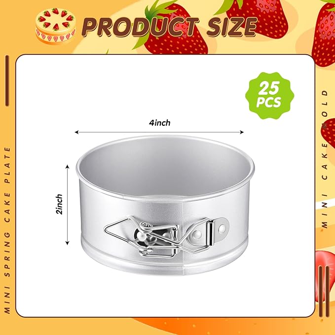 Sunnyray 25 Pcs 4 Inch Springform Pan for Baking Mini Cheesecake Pans with Removable Bottom Nonstick Leakproof Round Cake Mold Spring Form Molds for Mini Cheesecake Pizza and Quiches (Silver)