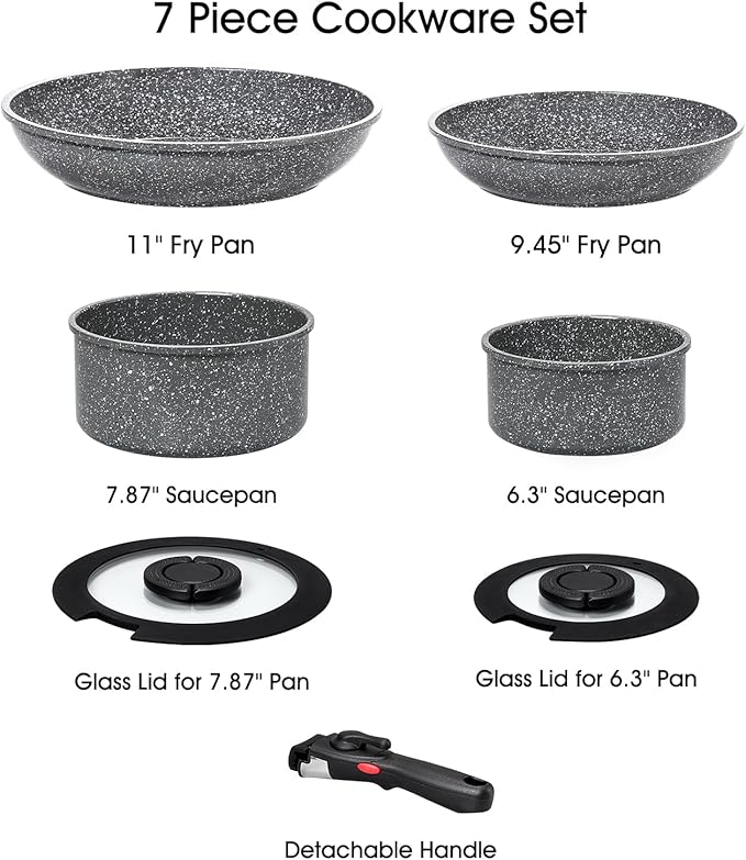 7pcs Pots and Pans Set Non Stick from France, Ceramic Cookware Set with Removable Handle, Induction RV Kitchen Cookware Set, Stackable, PFOA and PFAS Free, Oven Safe, Black Granite