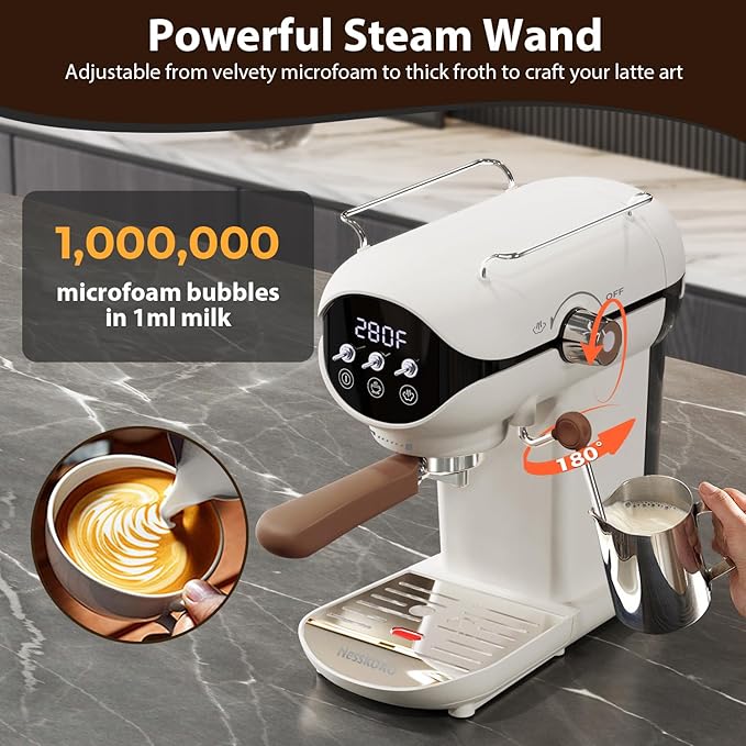 Espresso Machine with Steam Milk Frother Semi Automatic 20 Bar Compact White with Toggle Switch for home Cafetera Espresso, Latte, Cappuccino, Americano, Macchiato