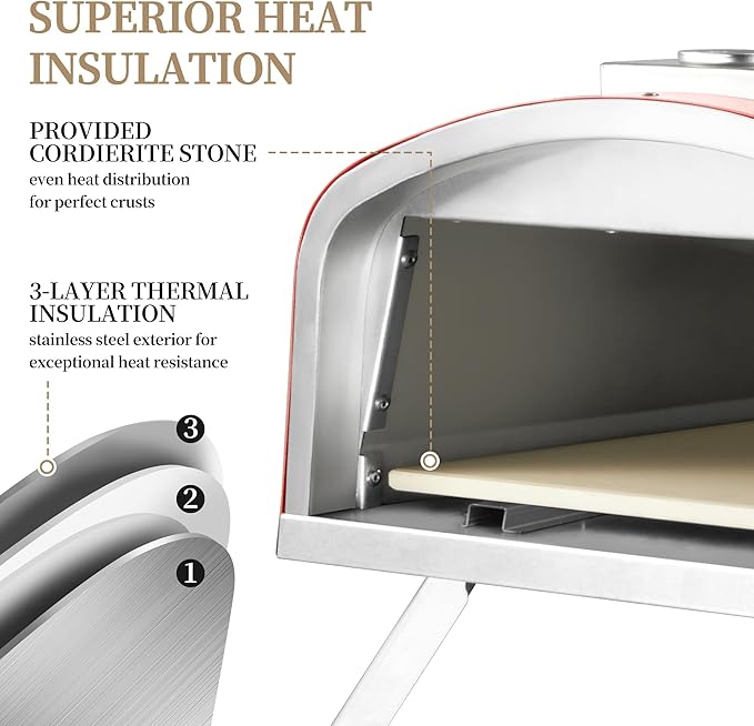 16" Outdoor Pizza Oven Propane & Wood Fired Stainless Steel Pizza Grill with Gas Burner, Wood Tray Pizza Stone, Pizza Peel, Carry Bag (Red)