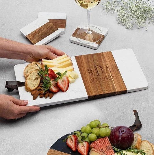HomeWetBar Personalized Acacia Charcuterie Board | Custom 15" x 7" White Marble & Acacia Wood Cheese Board | Perfect Housewarming + Wedding + Couples Gift Idea