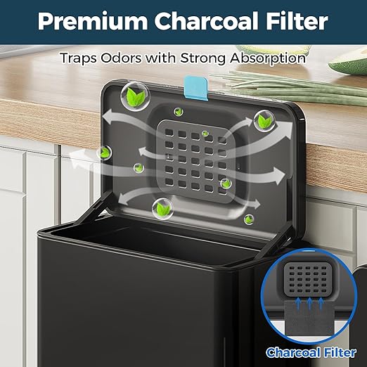 Stainless Steel Hanging Trash Can with Lid and Inner Bucket, 2 Gallon Kitchen Compost Bin for Counter Top, Under Sink or Wall Mount, Small Garbage Can for Cupboard/Bathroom/Bedroom/RV, Black