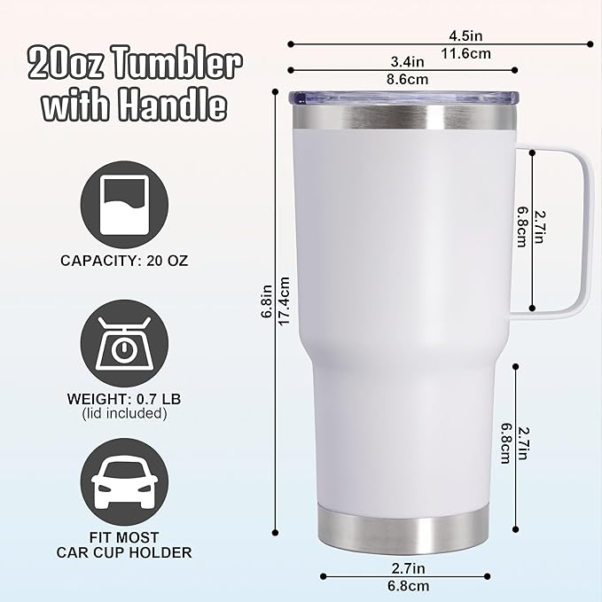 20 oz Tumbler with Handle and Lid, Stainless Steel Tumbler Insulated Travel Coffee Mug, Spill Proof Double Wall Vacuum Tumbler Cup Keep Drink Hot & Cold,White, 1 Pack