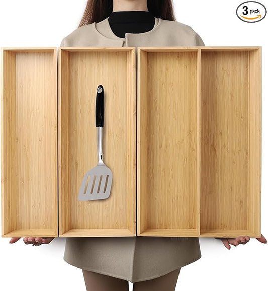 V-Shaped Bamboo Drawer Organizer Set of 3, Kitchen Large and Long Utensil Plate, Flatware & Silverware Storage Box, Wood Drawer Organizer for Bedroom, Living Room (19.6"x5.7" & 7.8" & 12.4")