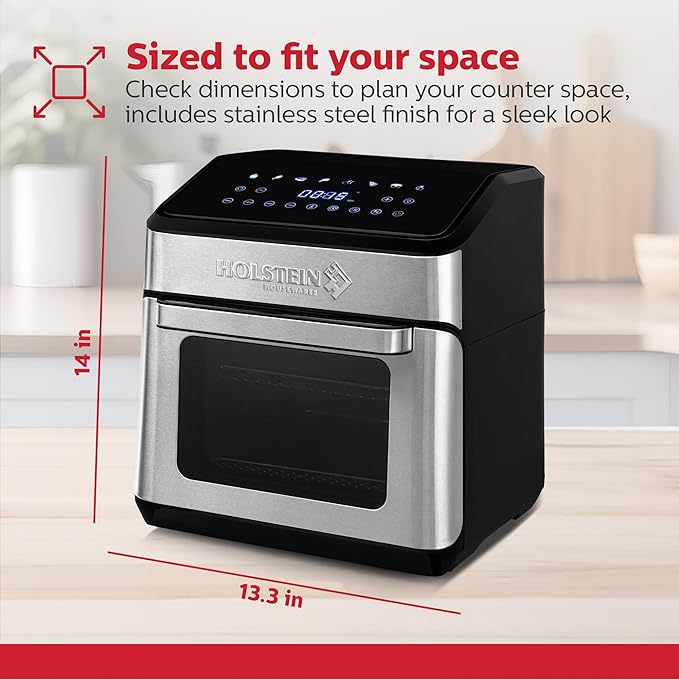 Holstein Housewares 12.7 QT Digital Air Fryer 8-in-1 with Hot Air Technology, Family Size, Viewing Window & Led Display. Air Fry, Bake, Grill, Dehydrate & Roast, Less Oil Use for Healthier Meals