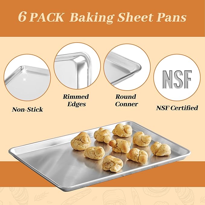 6 Pack Large Size Baking Sheet Pans, Aluminum Commercial Cookie Sheets Non-Stick, 21"x15"