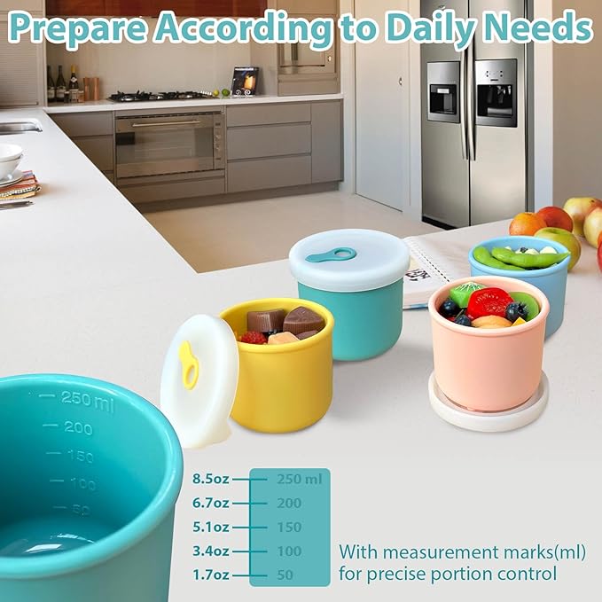 Silicone Food Storage Containers with Lids, 4 Pack 8.5 oz Reusable Snack Fruits Containers Cups Airtight Leak Proof BPA Free Freezer Molds Lunch Box for Daycare School Travel Baby Kids Macaron