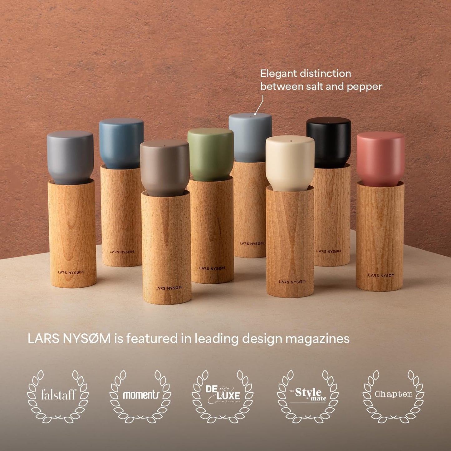 LARS NYSØM Wooden Salt and Pepper Grinder Set Manual with Tray - Salt and Pepper Mills with Adjustable Ceramic Grinder - Elegant Beechwood Pepper and Salt Mill Set for Dining Table (Brown/Beige)