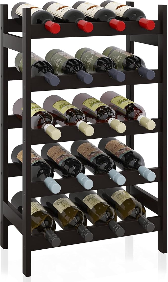 SMIBUY Bamboo Wine Rack, 20 Bottles Display Holder, 5-Tier Free Standing Storage Shelves for Kitchen, Pantry, Cellar, Bar (Dark Brown)