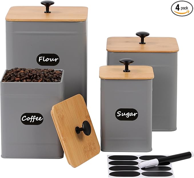 PERFNIQUE Kitchen Canisters, Airtight Canister Sets for Kitchen Counter, Kitchen Canisters for Countertop Set of 4, Coffee Tea Sugar Flour Spice Tin Jars Food Storage Container with Lid(Grey)